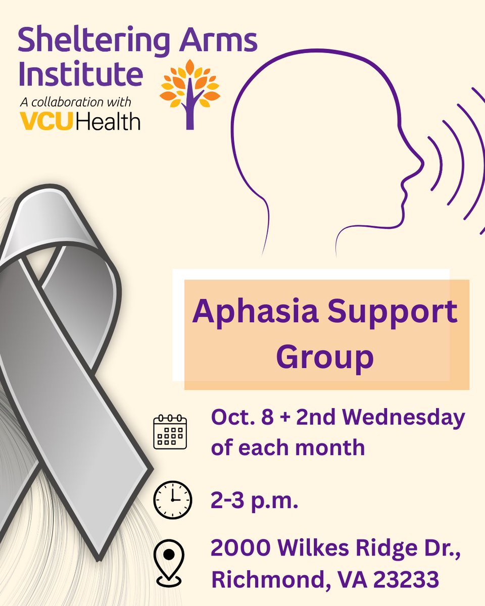 SAI_Rehab's tweet image. Attention individuals living with #Aphasia 🗣️ @SAI_Rehab is launching an #AphasiaSupportGroup starting Oct. 8 led by our #speechlanguagepathologists 🗨️

📅 2nd Wednesday of each month | 2-3 p.m.
📍 2000 Wilkes Ridge Dr. Richmond, VA or virtually
🌐 shelteringarmsinstitute.com/event/aphasia-…