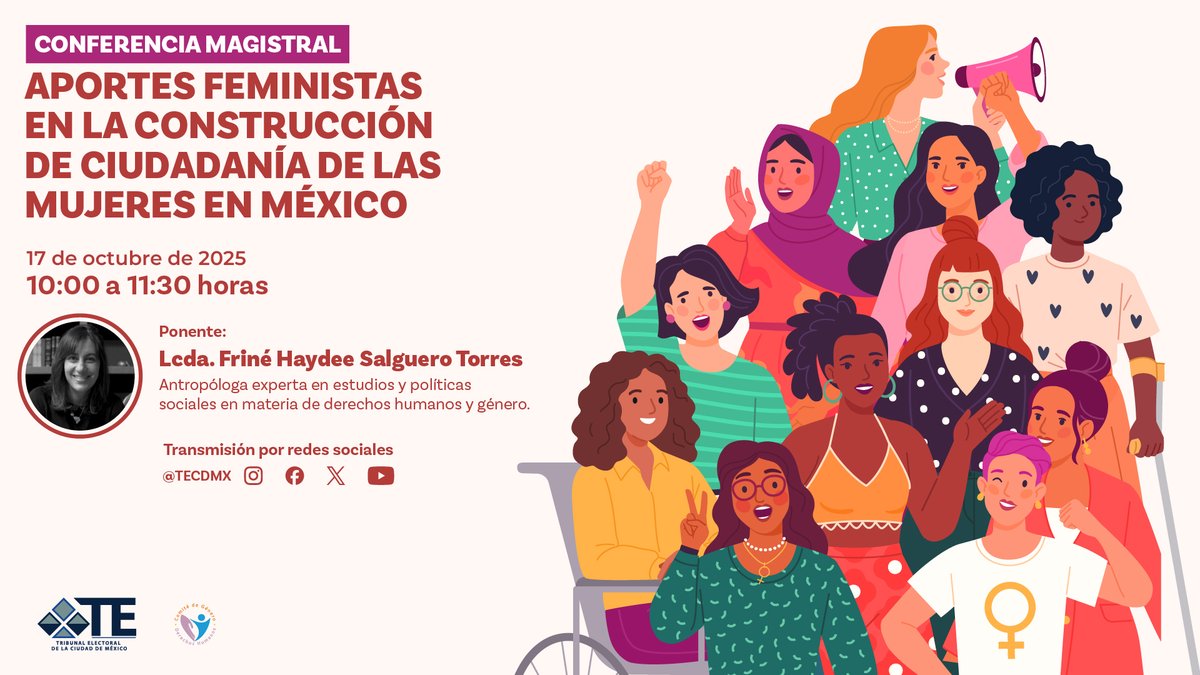 En el marco del 72 aniversario del sufragio de las mujeres en México, el OPPMCM y el <a href="/TECDMX/">Tribunal Electoral de la Ciudad México</a> invitan:

Conferencia Magistral "Aportes feministas en la construcción de ciudadanía de las mujeres en México", impartida por la Lcda. Friné Haydee Salguero.
📆17 oct | 10:00 hrs| Virtual