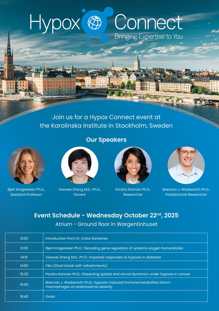 SwedishCellBio's tweet photo. Live event coming up! October 22nd🗓️

Join us and 4 hypoxia researchers from the Karolinska Institute in Stockholm for a live seminar where our speakers look forward to presenting, and discussing their research. 

Register here: 
https://t.co/ExpH6f0NGT https://t.co/K4Gn6RTZ26