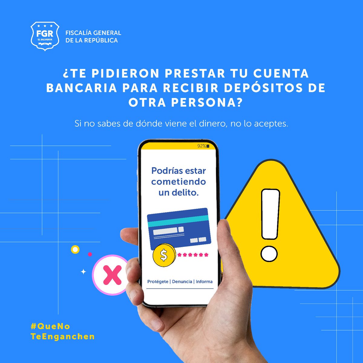 #QueNoTeEnganchen | 💳No brindes tu número de cuenta banacaria para transacciones 🪪 desconocidas o para recibir dinero 💸de actividades ilícitas.
 
De esta forma te vinculas a sus acciones criminales❌  y serás procesado⚖️ penalmente.⛓️