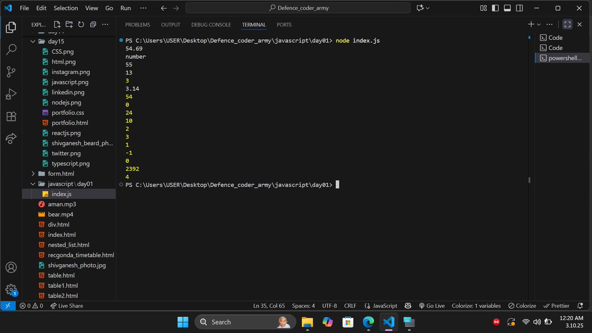 ShivG21691's tweet image. Day 19 Complete of project #defense @CoderArmy @rohit_negi9 bhaiya the journey going on smoothly Today I learned about Logical and arithmetic operators also writing code using for and while loops by using if-else conditional statements #javascriptcommunity #consistencyWins