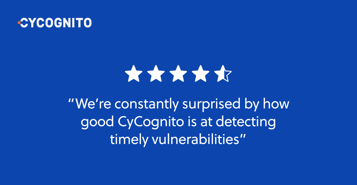 CyCognito's tweet image. Discover what users appreciate about the CyCognito platform... 👇
Explore additional testimonials here: gtnr.it/3tgKnvT

#EASM #SecurityOperations #PeerInsights