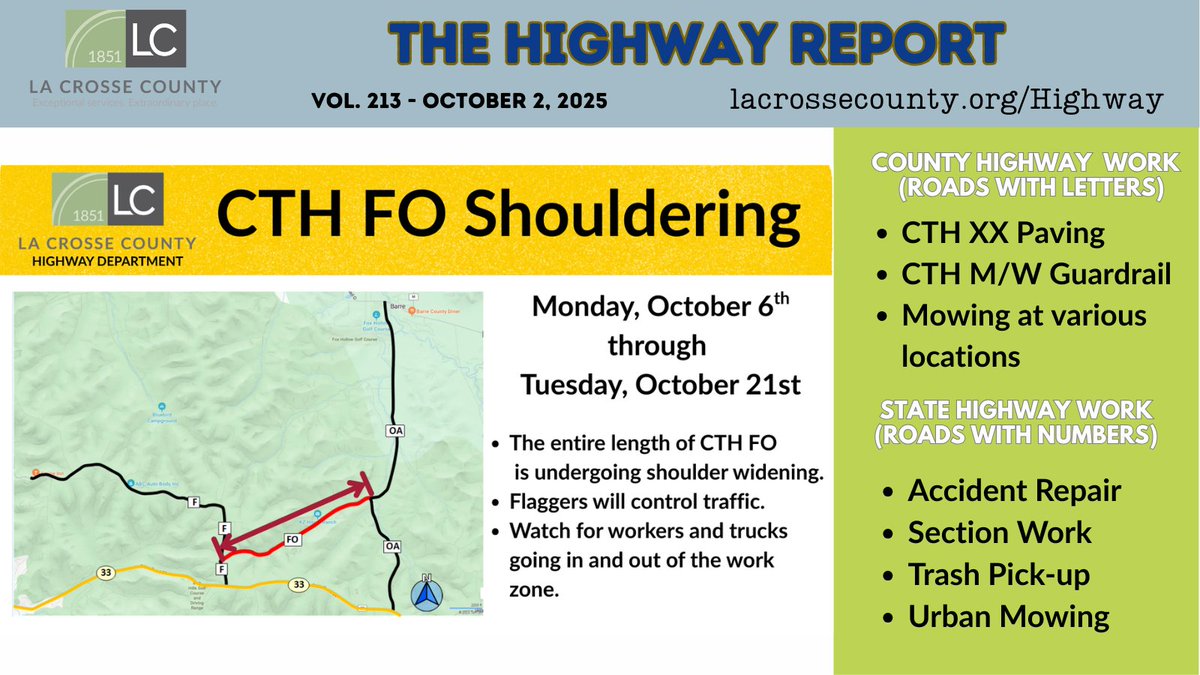 Our plans for next week.  Please slow down in the work zone on CTH FO.