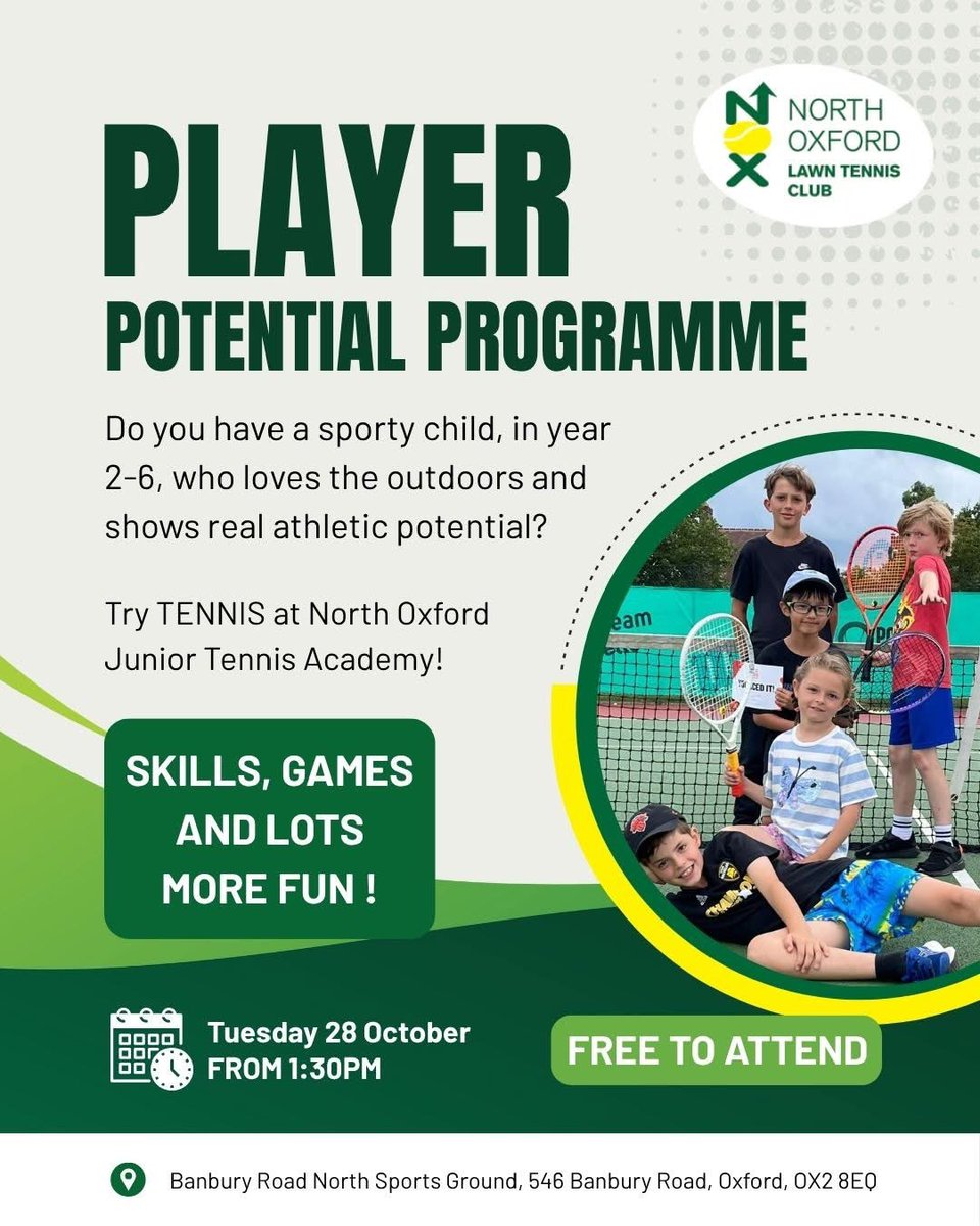🌟 Calling all parents of sporty kids in Years 2–6! 🌟

Do you have a child who loves the outdoors, thrives on being active, and shows great athletic potential? 🏃‍♀️⚽🎾

🎉 FREE Tennis Sessions 🎉
📅 Tuesday 28th October 2025

clubspark.lta.org.uk/northoxfordlaw…