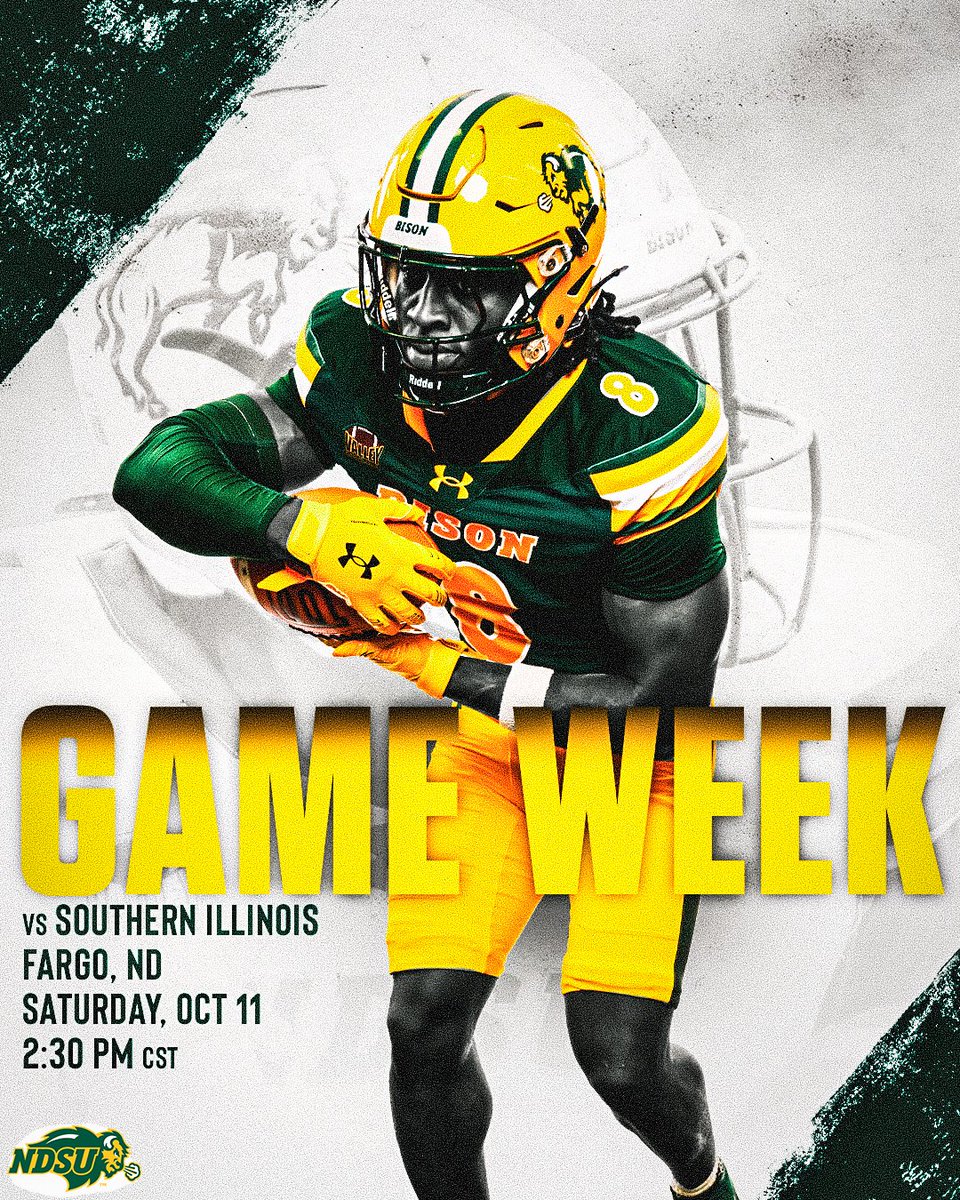 Back in the 701

🆚: #10 Southern Illinois
📌: Fargo, ND
📅: Saturday, Oct 11
⏰: 2:30pm CST
📺: ABC ND // ESPN+
🎟️: GoBison.com/FB-Tix
🟡: Wear YELLOW