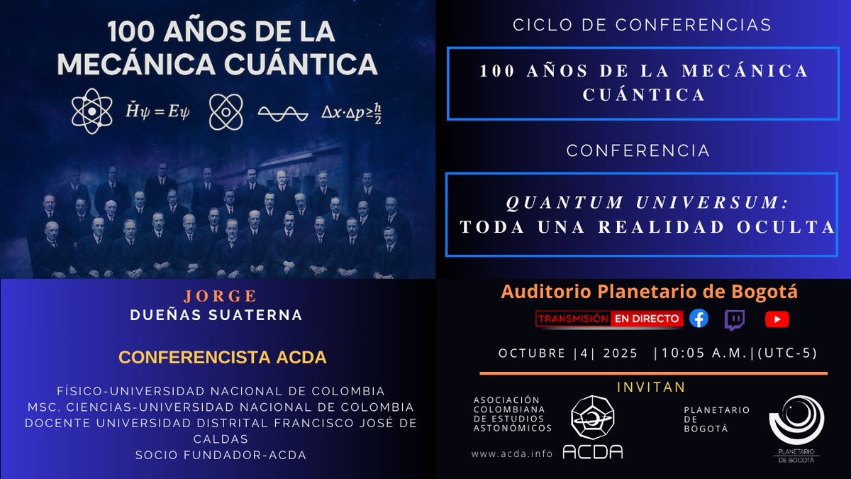 Presencial
PLANETARIO DE BOGOTÁ
AUDITORIO – ENTRADA LIBRE

PLATAFORMAS VIRTUALES ACDA

YouTube
youtube.com/@AcdaInfo/stre…

Facebook live
facebook.com/ACDA-103185229…

Twitch
twitch.tv/acda_col/sched…...

facebook.com/share/p/17LKk7…