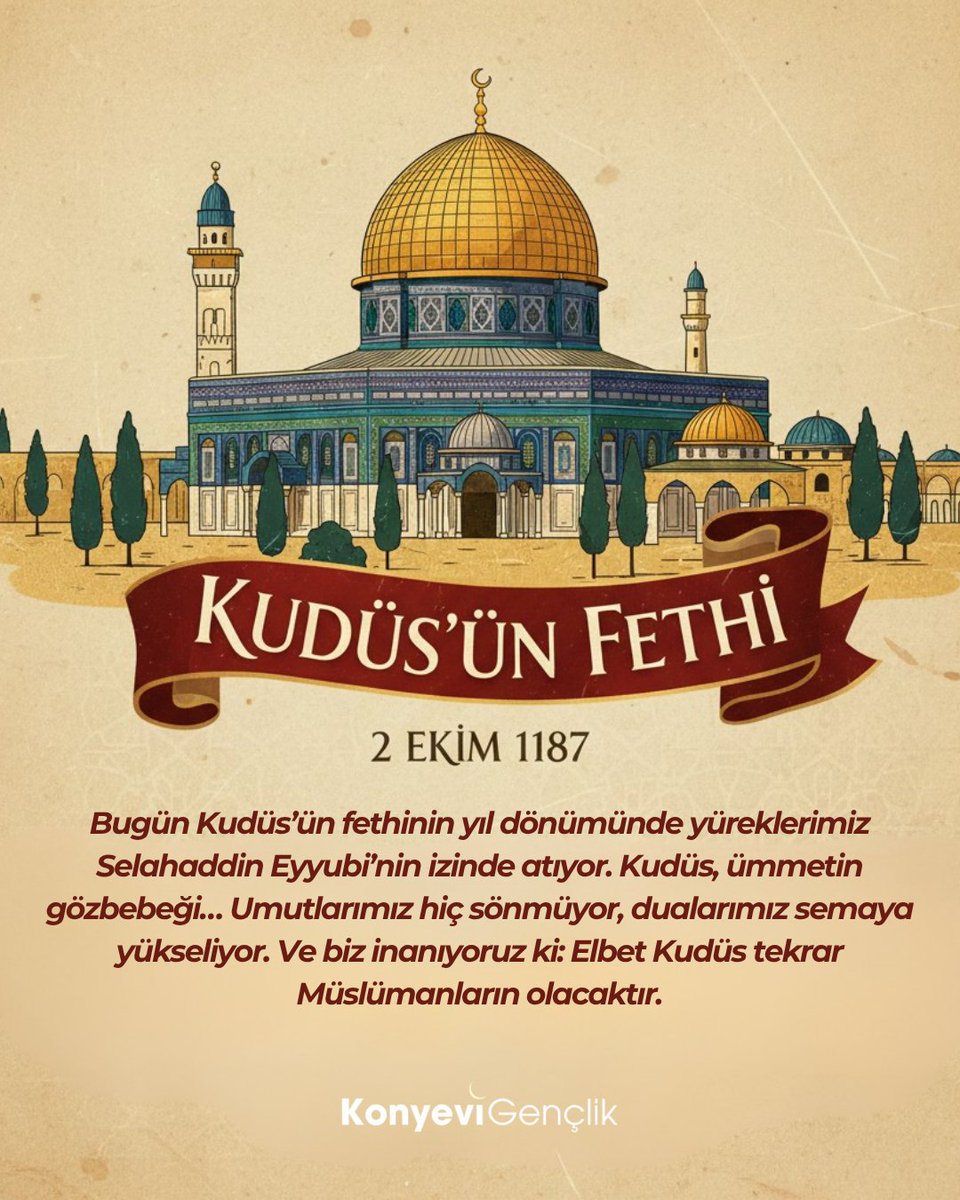 Bugün Kudüs’ün fethinin yıl dönümünde yüreklerimiz Selahaddin Eyyubi’nin izinde atıyor. Kudüs, ümmetin gözbebeği… Umutlarımız hiç sönmüyor, dualarımız semaya yükseliyor. Ve biz inanıyoruz ki: Elbet Kudüs tekrar Müslümanların olacaktır.