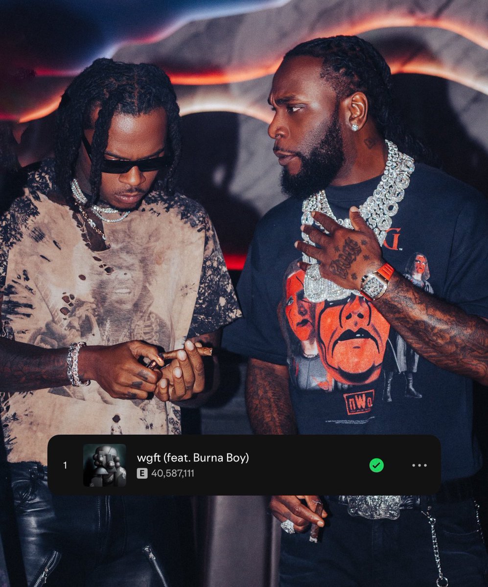 GUNNA AND BURNA BOY’S “WGFT” HAS NOW SURPASSED 40 MILLION ORGANIC STREAMS ON SPOTIFY, IT’S THE 2ND MOST STREAMED SONG ON “THE LAST WUN” ALBUM! 🎉