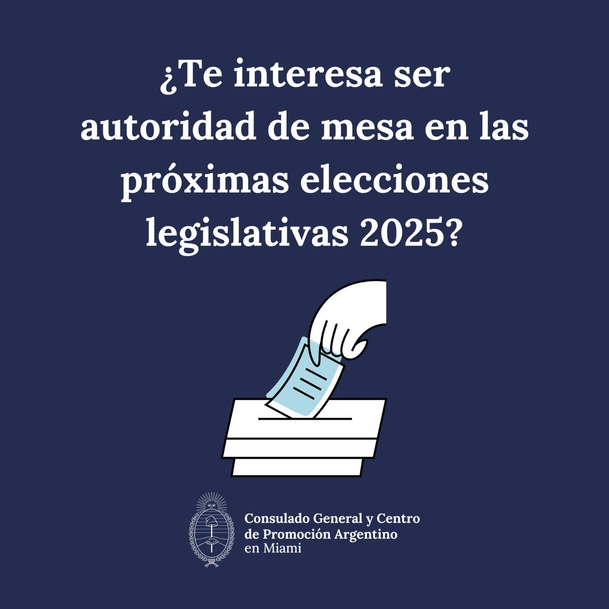 Si está interesado/a en participar como Autoridad de Mesa, le invitamos a enviar un correo electrónico a la siguiente dirección: 📧 cmiam@cancilleria.gob.ar.
Para formalizar su postulación, por favor adjunte una copia escaneada de su DNI (frente y dorso).