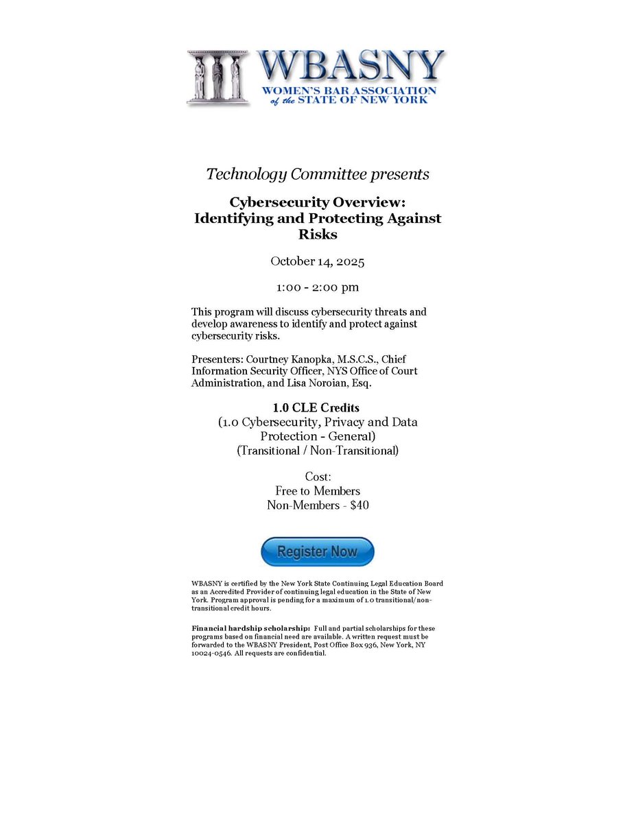 WBASNY's tweet photo. WBASNY CLE Webinar - Cybersecurity Overview: Identifying and Protecting Against Risks. Register here - https://t.co/xlMFGwpCJa https://t.co/a7RVfYiz7p
