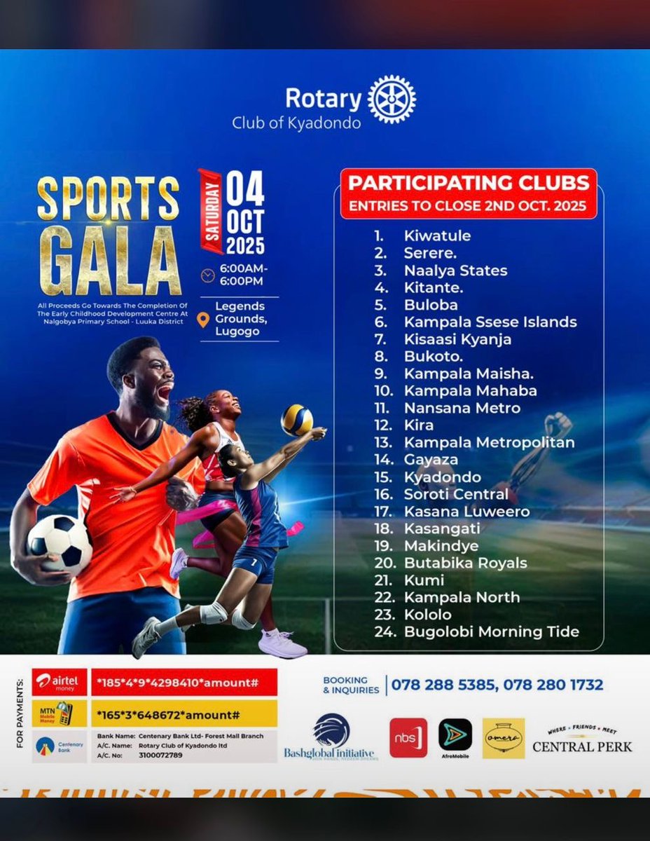 TheBashGlobal's tweet photo. Join us at the Kyadondo Rotary Sports Gala 2025 on Oct 4 at Legends Spoorts Grounds,  Lugogo!

As proud partners with @RotaryClubKyadondo , Bash Global Initiative is supporting the "Play for Purpose " event to fund the Naigobya ECDC project. 
Expect fun! #BashGlobalInitiative https://t.co/o800b94Poa