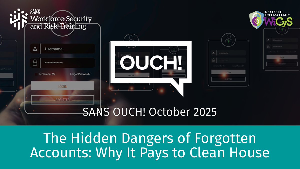 🧟‍♀️ Forgotten accounts = hidden risks.

Emma’s old login gave attackers access to her email, bank + streaming. This month’s OUCH! Newsletter shows how to clean up old accounts before they’re used against you.

🛡️🗡️ Protect yourself → sans.org/u/1CWt