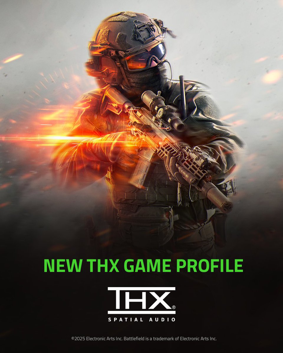 Razer's tweet photo. New THX Spatial Audio game profiles are here, just in time for Battlefield 6. While you’re waiting for launch day, what other games are you trying out with THX Spatial Audio? 

See the full list: https://t.co/nqUAHfsclu

#THXSpatialAudio https://t.co/BErQwFKVbX