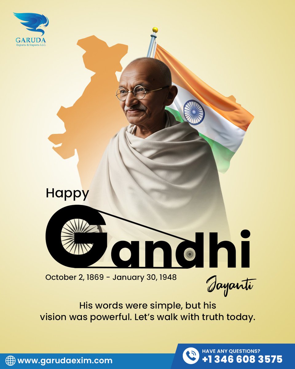ExportsGaruda's tweet image. Mahatma Gandhi’s Teachings Shine Bright on Gandhi Jayanti.

#GandhiJayanti #MahatmaGandhi #FatherOfTheNation #TruthAndNonViolence #Bapu #PeaceAndHarmony #LegacyOfGandhi