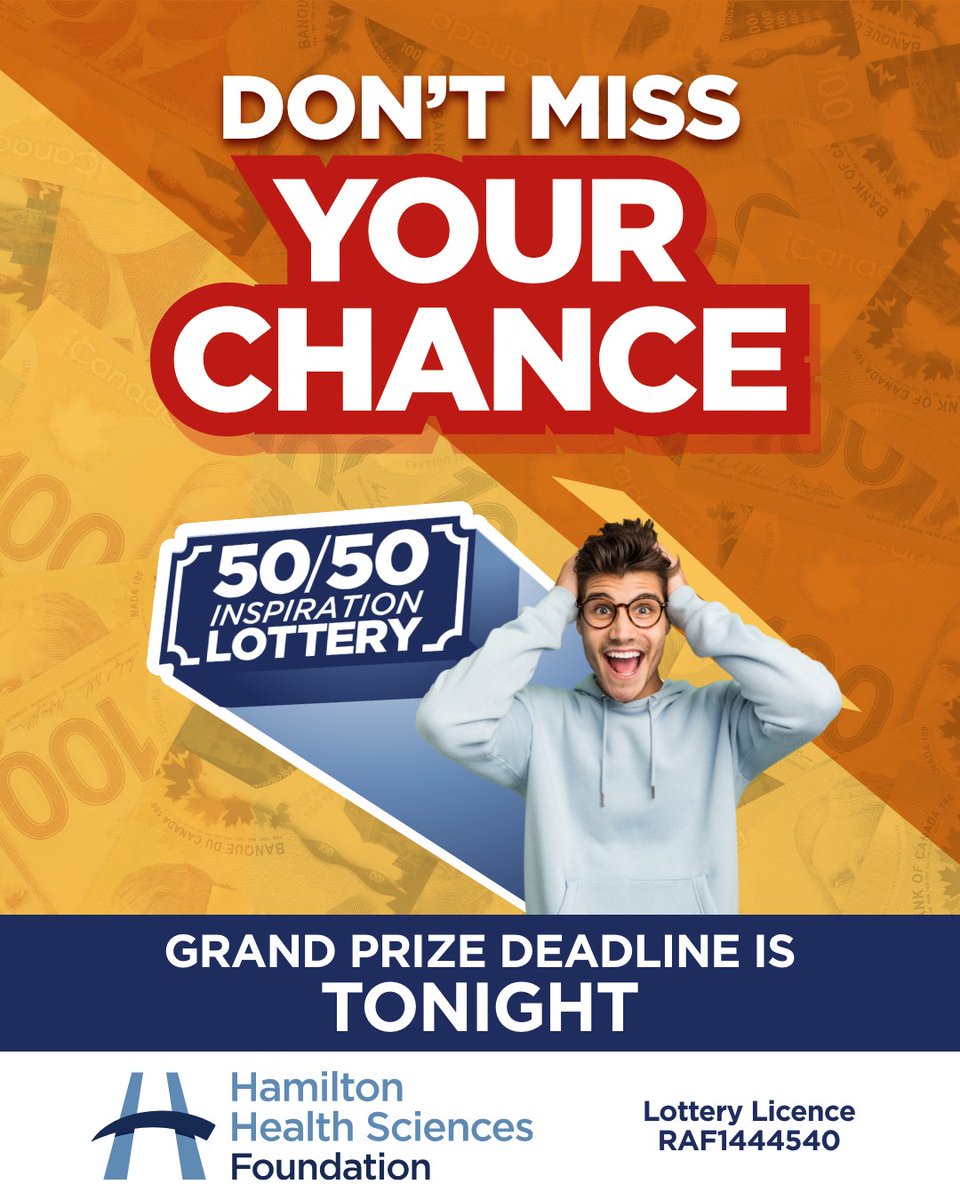 🚨 FINAL CALL! Tonight’s your last chance to win the Grand Prize in the Inspiration 50/50 Lottery! 💙 Play before 11:59 p.m. to support patients &amp; families at Hamilton Health Sciences. 🎟️ Get tickets: 5050inspirationlottery.ca
 #5050InspirationLottery #HamiltonHealthSciences