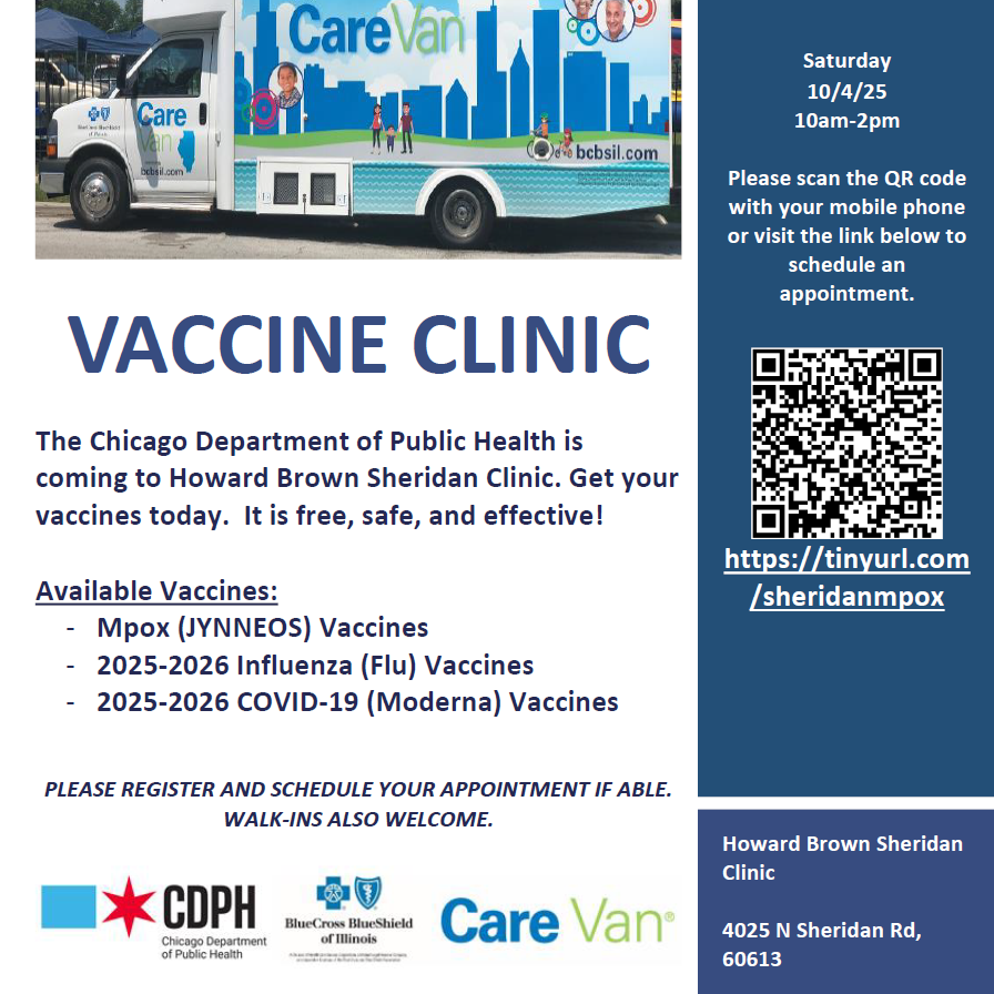 howardbrownhc's tweet photo. Need either dose of your mpox vaccine or this year's flu or COVID shot? CDPH will be onsite at our Sheridan health center this Saturday from 10am to 2pm offering free vaccinations! https://t.co/gyKdYdoSfc