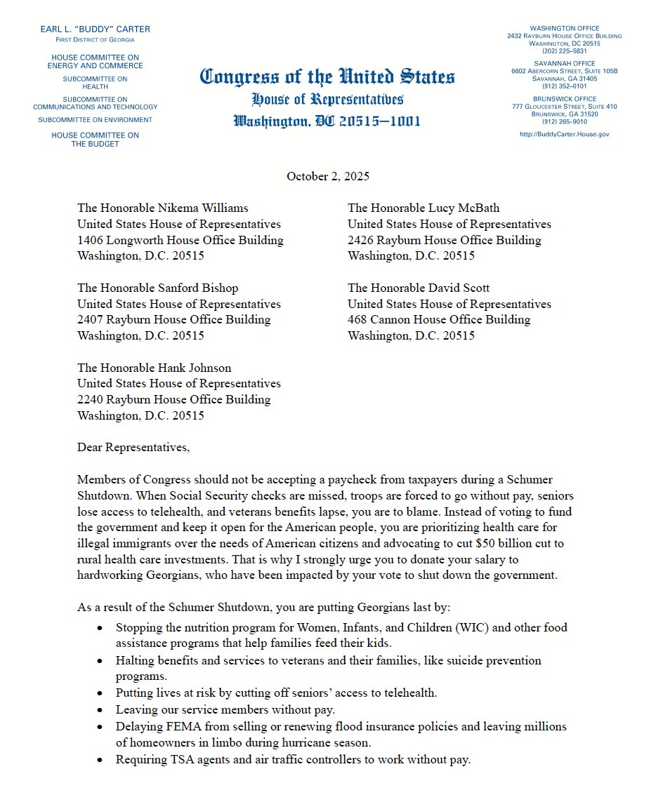 RepBuddyCarter's tweet photo. I announced I will be withholding my pay for the duration of the Democrat-forced government shutdown.

I’m calling on my Georgia House colleagues across the aisle to do the same. If they’re willing to force troops to go without pay, they shouldn’t be paid either. @RepNikema @RepLucyMcBath @SanfordBishop @RepHankJohnson @repdavidscott