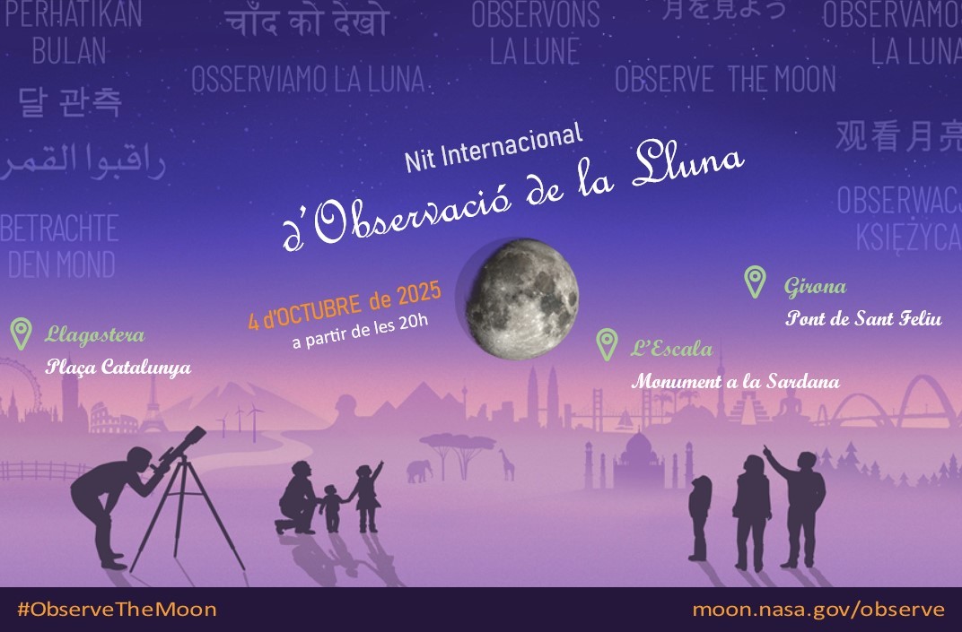 🌕🔭 Tornem a la Nit Internacional d’Observació de la Lluna!

📅 4 d’octubre | 🕗 20h

📍Llagostera, L’Escala i Girona

✨ Observarem la Lluna amb telescopis i prismàtics i també Saturn, el Senyor dels Anells!

Vine i no t’ho perdis!