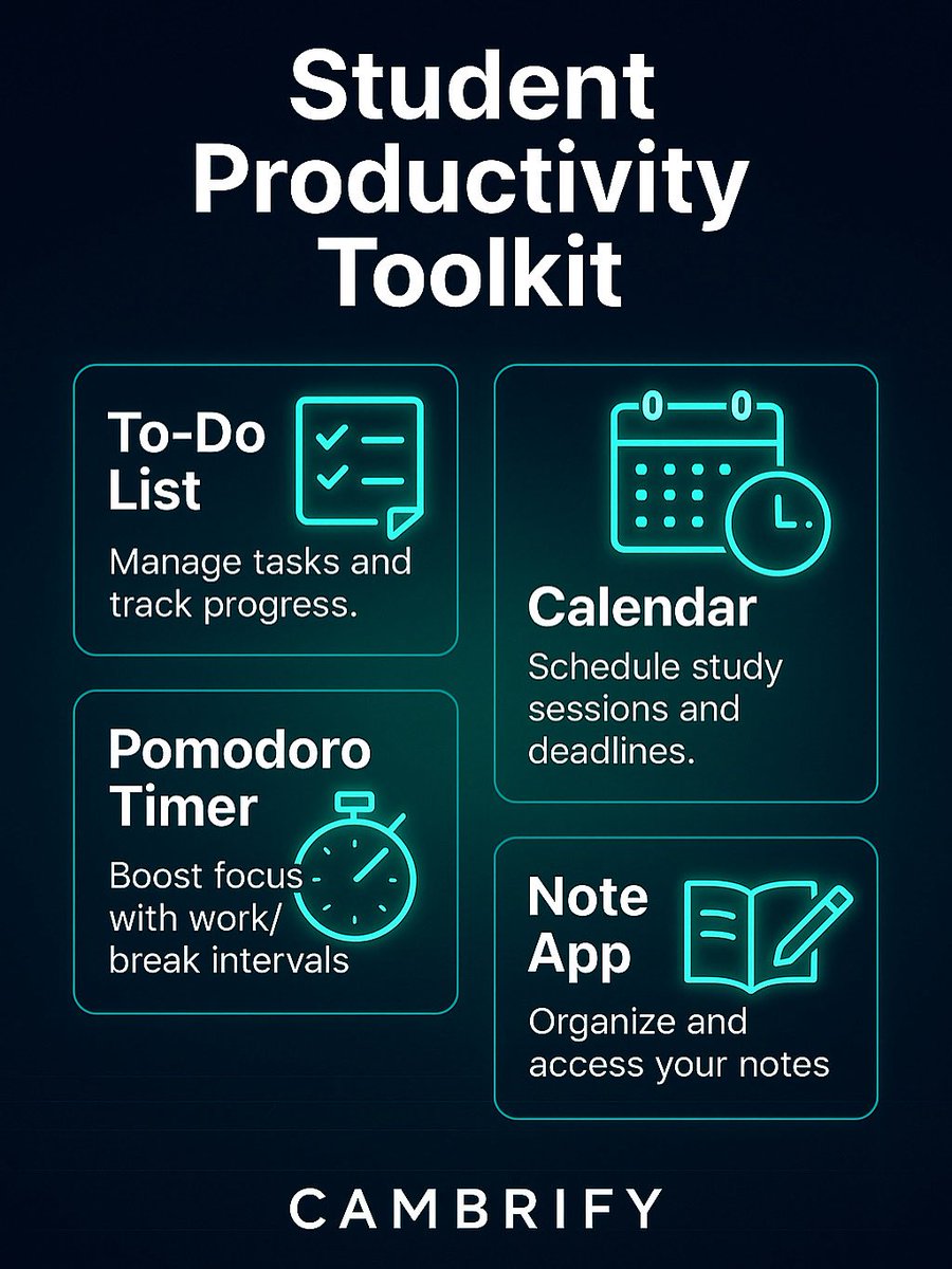 cambrify's tweet photo. 📚 Productivity isn���t about working harder, it’s about working smarter! Use a To-Do List ✅, Calendar 🗓️, Pomodoro Timer ⏱️ &amp; Note App 📝 to stay on top of studies. Small tools = big results! 🚀
#Cambrify #StudentLife #StudySmarter #ProductivityTips #Focus #StudentSuccess https://t.co/Yl2150ljA3
