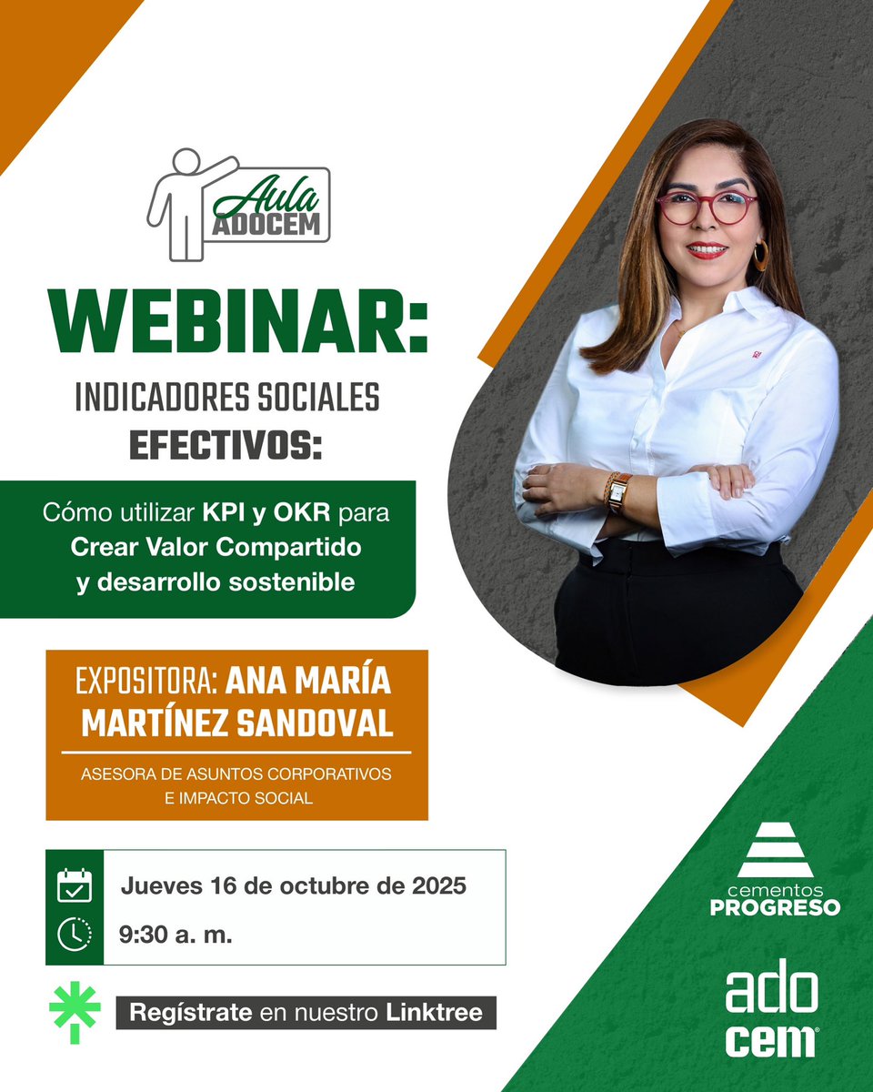 Acompáñanos en el webinar “Indicadores Sociales Efectivos: Cómo utilizar KPI y OKR para crear Valor Compartido y Desarrollo Sostenible”, junto a la experta Ana María Martínez Sandoval, asesora de asuntos corporativos e impacto social de Cementos Progreso.

#AulaADOCEM #ADOCEM