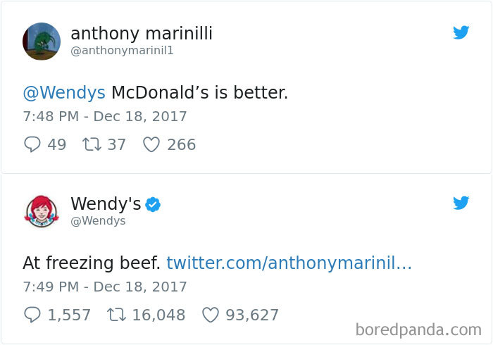 KaileyEsposito3's tweet photo. Example: @Wendys on X. Their quick roasts and funny replies transformed fast food into entertainment. Fans don't just follow for burgers anymore, they follow for laughs. That mix of humor and wit is #RetailMarketing disguised as fun! https://t.co/Gs9bri8HDj