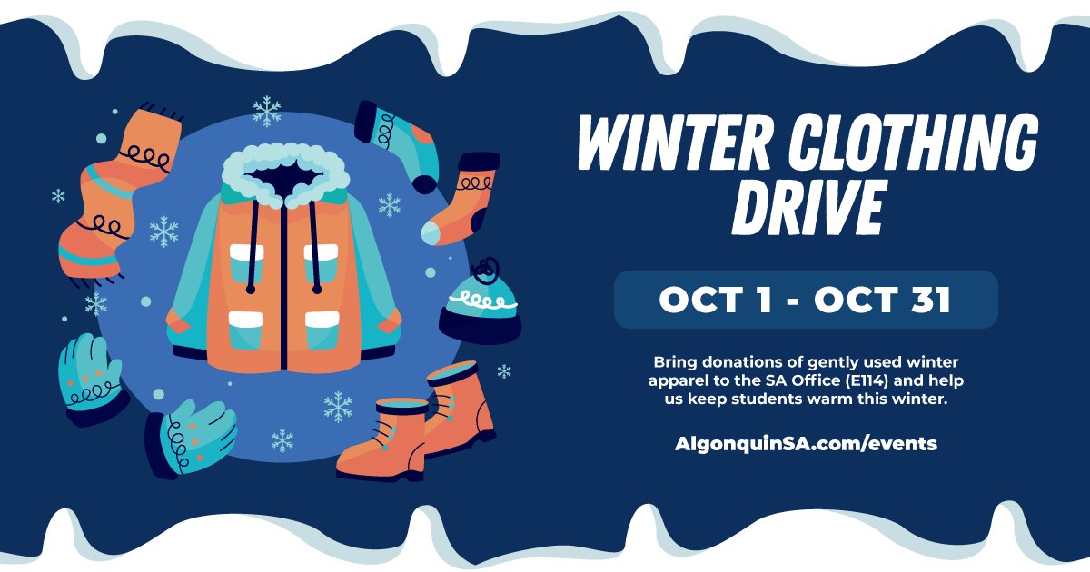 Got extra winter gear? 🧥 Help keep someone warm this season! ❄️☃️

🧤 We are accepting donations of winter coats, hats, mittens, scarves, winter boots, and other warm winter apparel. 

📍 Drop off your gently used winter gear at the SA Front Desk (E114) 

Learn more 👉