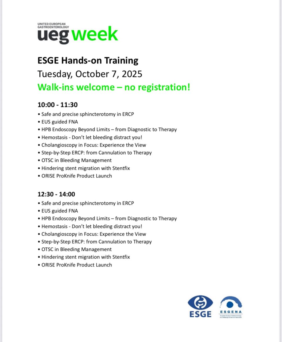 Don’t miss the opportunity! 
Hands-on training walk-in sessions will be running in Berlin next week during UEGW 2025, pleased to be leading the cholangioscopy station 
See you there! <a href="/UegWeek/">UEG Week</a> <a href="/BSGTrainees/">BSG Trainees</a> <a href="/ESGE_news/">ESGE</a> <a href="/ESGENAnurses/">ESGENA</a>