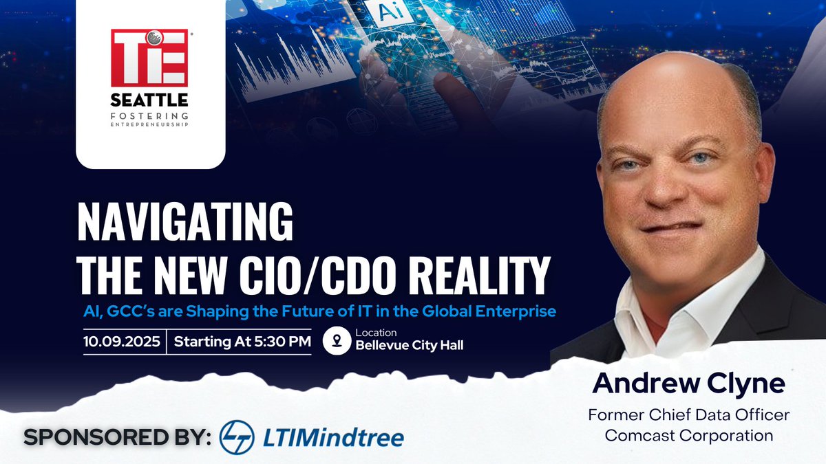 Join us for Navigating the New CIO/CDO Reality: AI &amp; GCCs Shaping the Future of IT.

Featuring Andrew Clyne, former CDO at Comcast &amp; CenturyLink, with leadership roles at VISA &amp; Expedia, and a US Air Force veteran.

🔗 Register: events.tie.org/NavigatingtheN…

#CIOEvent #AI #LTIMindtree