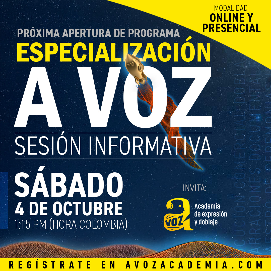 🎙️ ¿Tu voz está lista para brillar?
Este sábado 4 de octubre a la 1:15 pm, ¡sesión informativa GRATUITA de la Especialización A Voz!
🎁 Oferta especial.
📍 Presencial (Bogotá) | 🌐 Online
👉 Regístrate avozacademia.com/conquista-el-u…
#VoiceOver #Doblaje #Audiolibros #FormaciónActoral