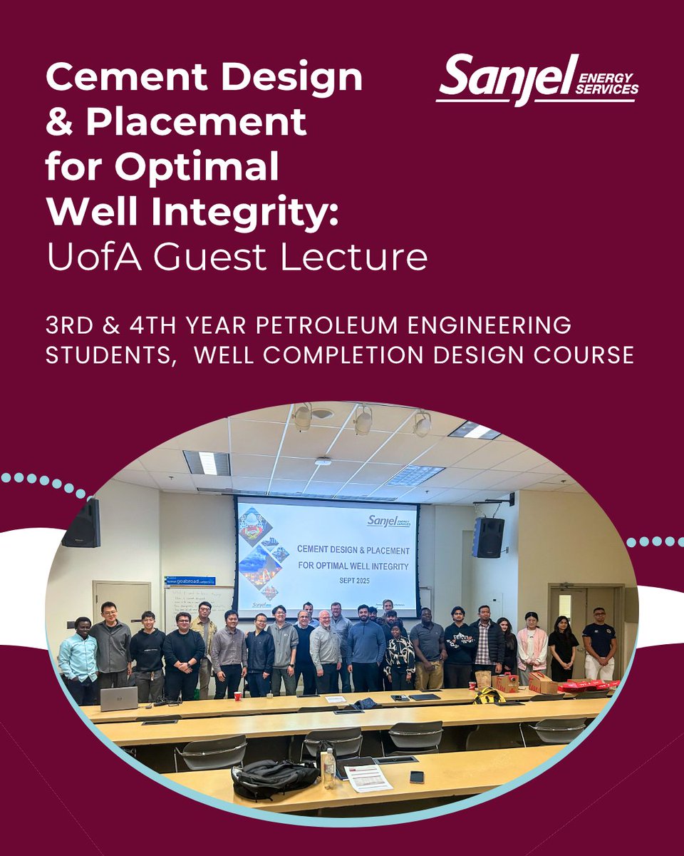 SanjelEnergy's tweet image. Sanjel Energy was honoured to provide our annual guest lecture on Cement Design and placement for Optimal Well Integrity to third and fourth-year Petroleum Engineering students at @UAlberta  as part of their Well Completion Design Course.

#PetroleumEngineering #CementDesign