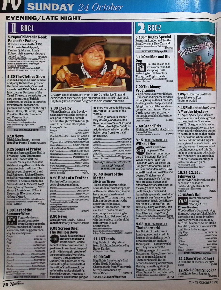 TvDidYouSee's tweet image. #OnThisDay 24 October 1993 📺TV
#DavidJason brings a master&apos;s touch to THE BULLION BOYS.
LAST OF THE SUMMER WINE is back.
#FrancesBarber stars in the future-looking THATCHERWORLD.
Tragedy for Blue Watch in LONDON&apos;S BURNING.
#StevieWonder is the subject of THE SOUTH BANK SHOW.