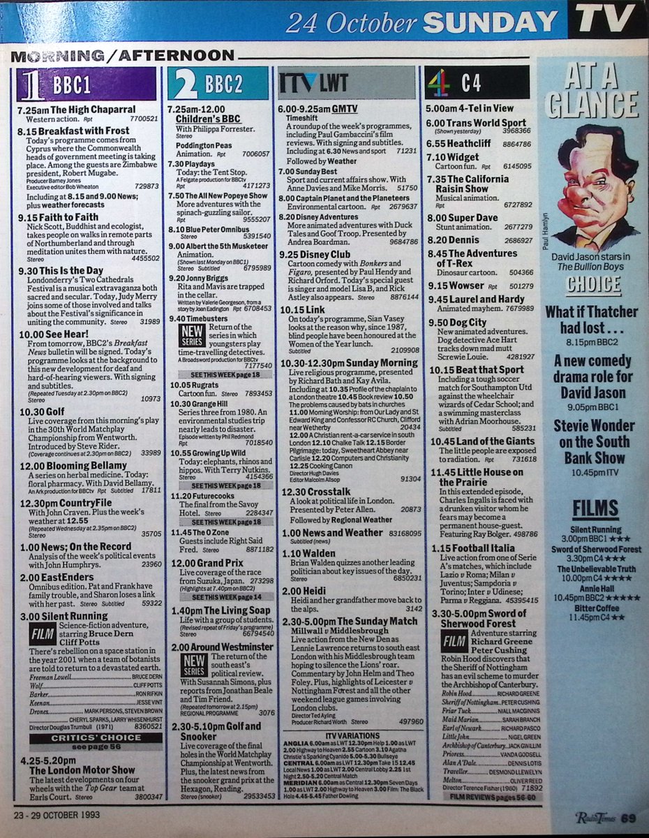TvDidYouSee's tweet image. #OnThisDay 24 October 1993 📺TV
#DavidJason brings a master&apos;s touch to THE BULLION BOYS.
LAST OF THE SUMMER WINE is back.
#FrancesBarber stars in the future-looking THATCHERWORLD.
Tragedy for Blue Watch in LONDON&apos;S BURNING.
#StevieWonder is the subject of THE SOUTH BANK SHOW.