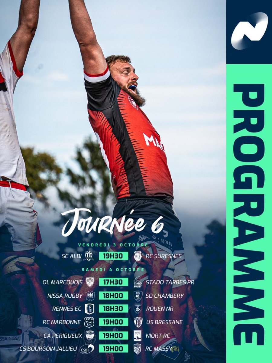 🔥Déjà la 6e journée de #NationaleRugby !

Nice 🆚 Chambéry / Bourgoin 🆚 Massy et Albi / Suresnes seront à suivre en direct vidéo sur @rugbyramafr LIVE !

➡️ live.rugbyrama.fr
