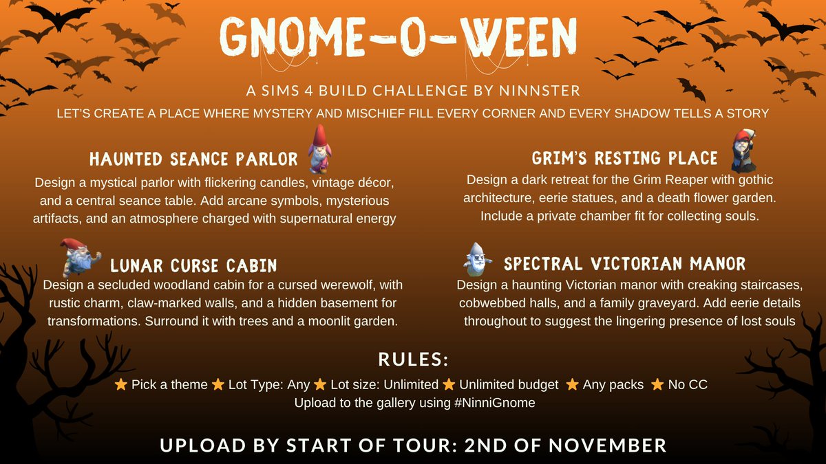 Ninnster00's tweet photo. ✨Hi Simmers✨

The October challenge is here and we are creating mischief with the gnomes 👻🪦

Upload your entry to the gallery using #NinniGnome and come join the tour starting on November 2nd!   

#TheSims #TheSims4 #Sims4 https://t.co/GcfN0r1aYS