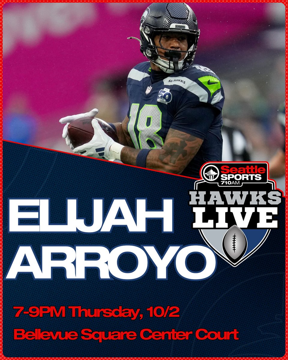 SeattleSports's tweet photo. #HawksLive returns TONIGHT (10/2) with #Seahawks TE Elijah Arroyo @ Bellevue Square Center Court! 🏈  

Join hosts @michaelbumpus5 & @paulmoyer21 LIVE from 7-9pm presented by @BelleCollection.

Be there for your chance to win prizes, including 2 TICKETS to this week's Seahawks game vs Tampa Bay!