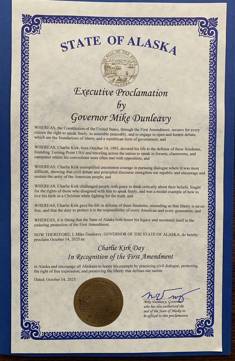 msrwc1947's tweet photo. We were honored to have Todd Smolden of Governor Dunleavy’s office. He presented our club with a proclamation to make Oct 14 “Charlie Kirk Day” honoring the First Amendment in Alaska. He shared an inspirational message about standard bearers. Thank you, Governor Dunleavy! https://t.co/dsPz62ZXm2