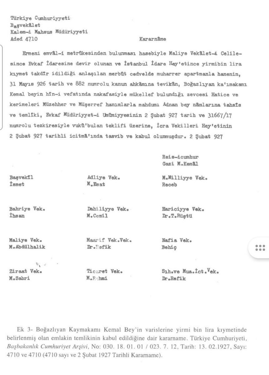 “Sen öyle bir evlat yetiştirdin ki, o bu meşaleyi tutmasaydı biz ateşi yakamazdık. Işık tutan senin oğlundur. İstanbul’dan 20.000 liralık bir mülk beğen ama Ermeni malı olsun."

- M. Kemal Paşa 

Kaymakam Mehmed Kemal Bey, 1922 yılında TBMM tarafından millî şehit ilan edildi.