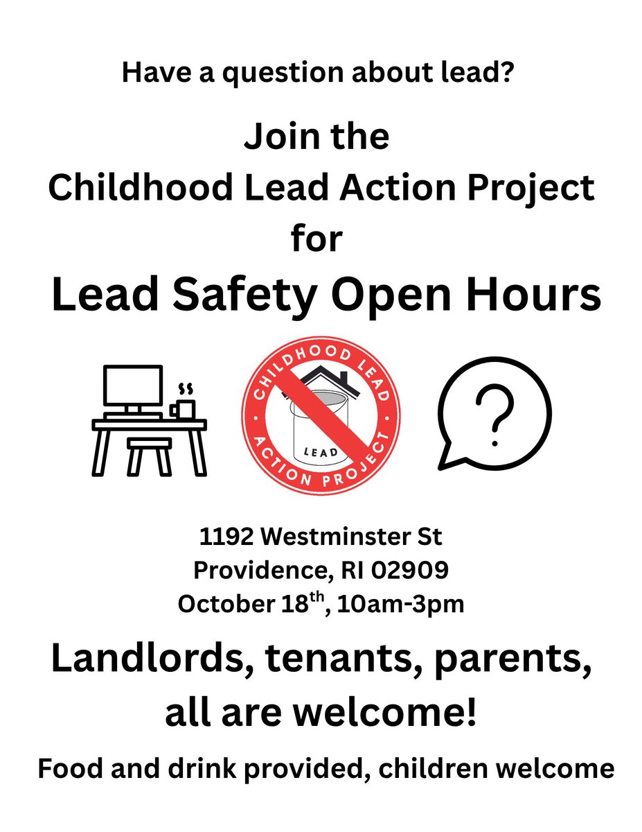 We will be hosting an open house on October 18th to talk about lead and lead issues. We can help you sign up for the rental registry, apply for financial assistance, and teach you about your rights!
Where: 1192 Westminster street, Providence, RI 02909.
When: 10am-3pm October 18th