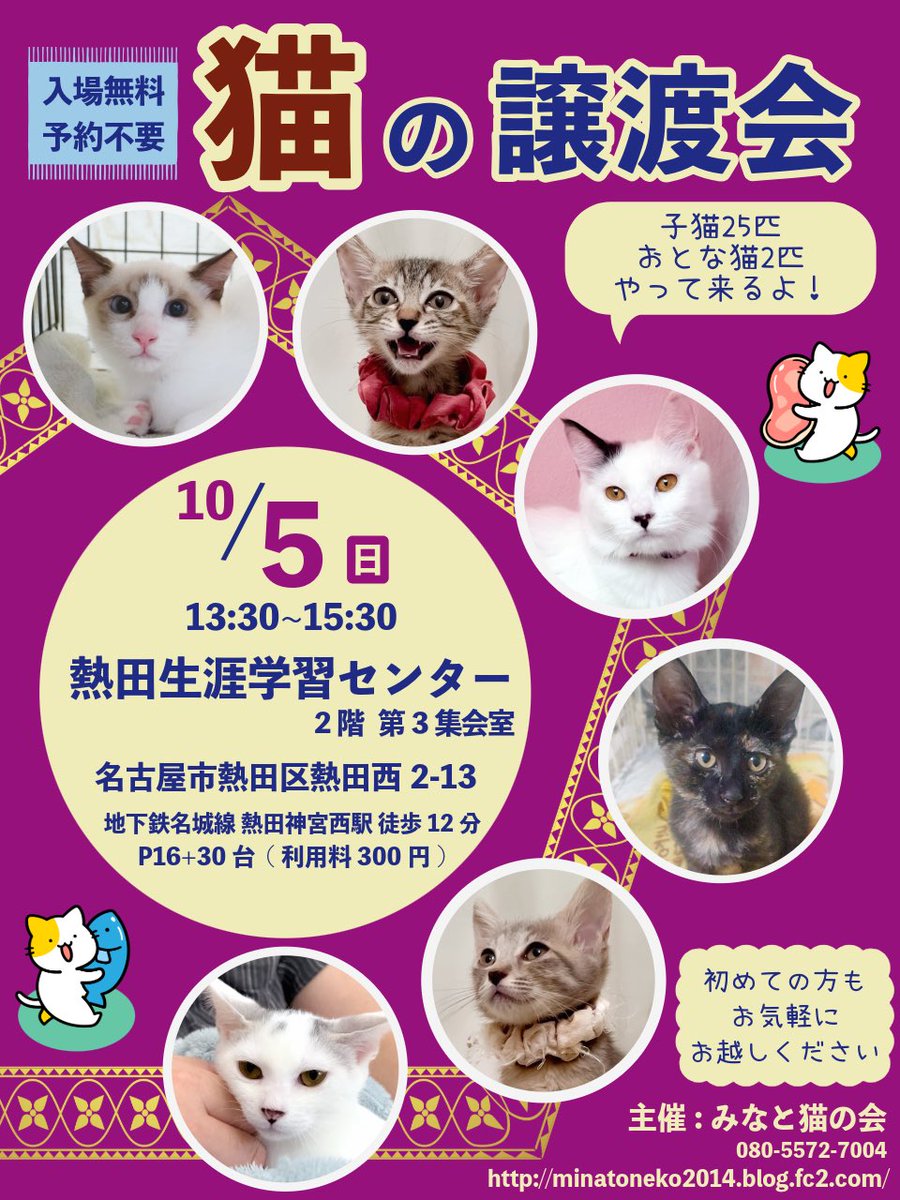 #拡散RPお願いします 
譲渡会を多くの方々に知っていただくことで助かる命があります
いつも告知のご協力ありがとうございます

【猫の譲渡会】
•10/5(日)13:30-15:30
•名古屋市熱田生涯学習センター

ご家族で
お友達と
おひとりさまも
お気軽にお越しください🍀

#譲渡会 #猫好きさんと繋がりたい