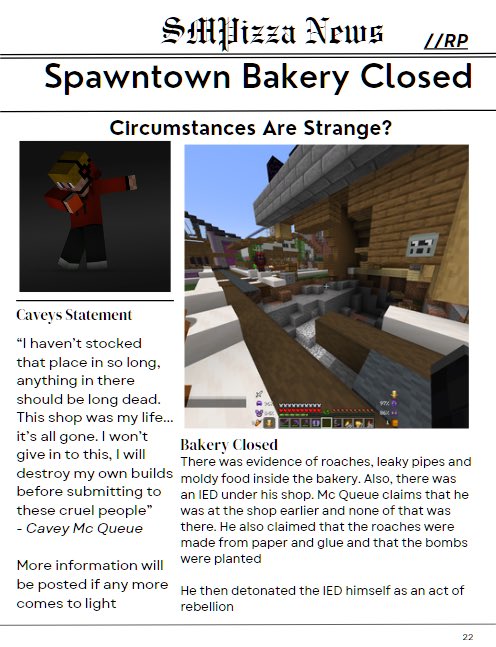 SMPizzaServer's tweet photo. BREAKING 🚨‼️: Following complications at Spawntown between CaveyMcQ’s Bakery and the Perfect Party administration, leading to a horrible explosion, SMPizza News released this article detailing the events: https://t.co/dv2y0NgoEU