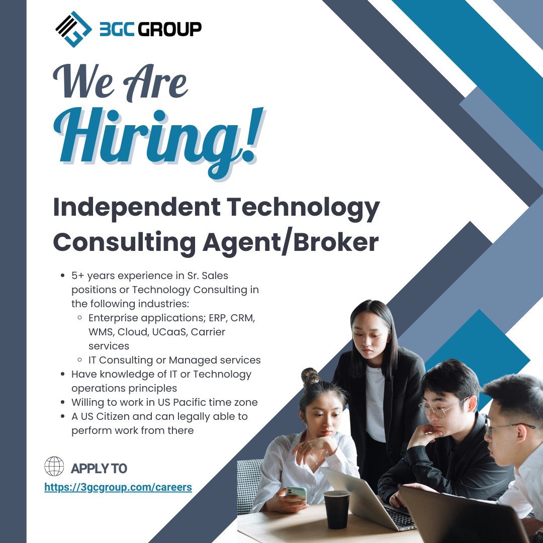 3GC_Group's tweet photo. HIRING! We're currently looking for an Independent Technology Consulting Agent/Broker.

Click to apply: https://t.co/tdO2AHJkvK
Our website: https://t.co/IaoVGGx7gx 

#3GCCareers #3GCHiring #jobopportunity #hiring #wearehiring #careers #JobHunt2025 #consultingagent #sales https://t.co/eGmGCYEIKd