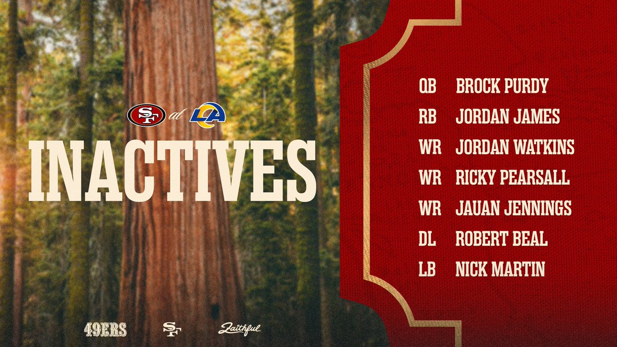 Lista de los #49ers INACTIVOS para el #SFvsLAR.

#FTTB| #NFL