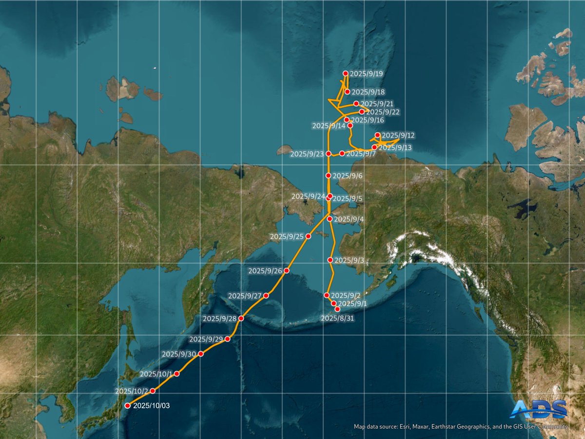 ADS_NIPR's tweet image. 2025年10月3日 09:00　今日のみらい。
福島沖、今年は清水港に向かいます。あと2日。
ads.nipr.ac.jp/venus.mirai/#/…
#みらい北極航海2025, #MR2505C, #ArCS_III, #みらいtheFINAL