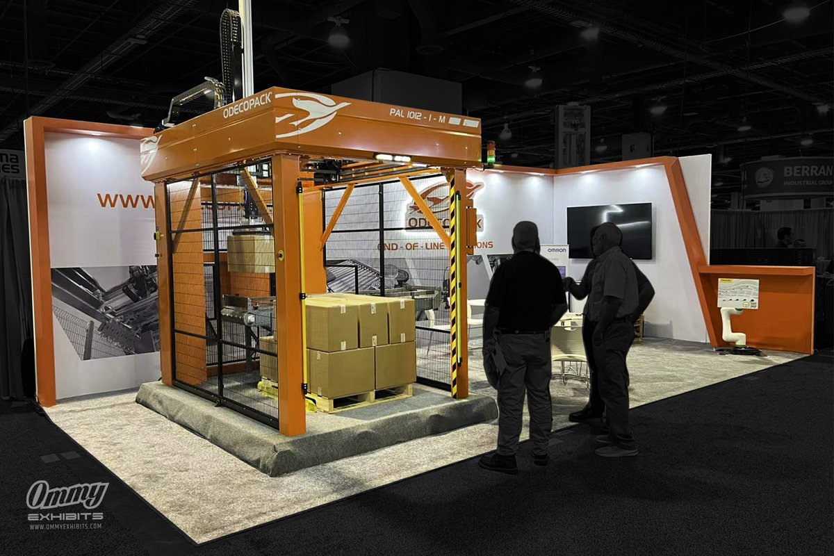 ommyexhibits's tweet image. Built a 15x30 booth for Odecopack at Pack Expo: open design w/ gantry palletizer, orange branding, lit 3D logo, video display &amp;amp; meeting areas. See it: ommyexhibits.com/odecopack-pack… #PackExpo #BoothDesign #PackagingAutomation #TradeShows