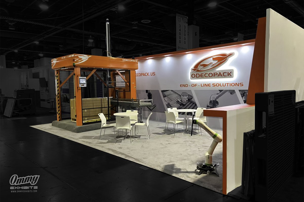 ommyexhibits's tweet image. Built a 15x30 booth for Odecopack at Pack Expo: open design w/ gantry palletizer, orange branding, lit 3D logo, video display &amp;amp; meeting areas. See it: ommyexhibits.com/odecopack-pack… #PackExpo #BoothDesign #PackagingAutomation #TradeShows