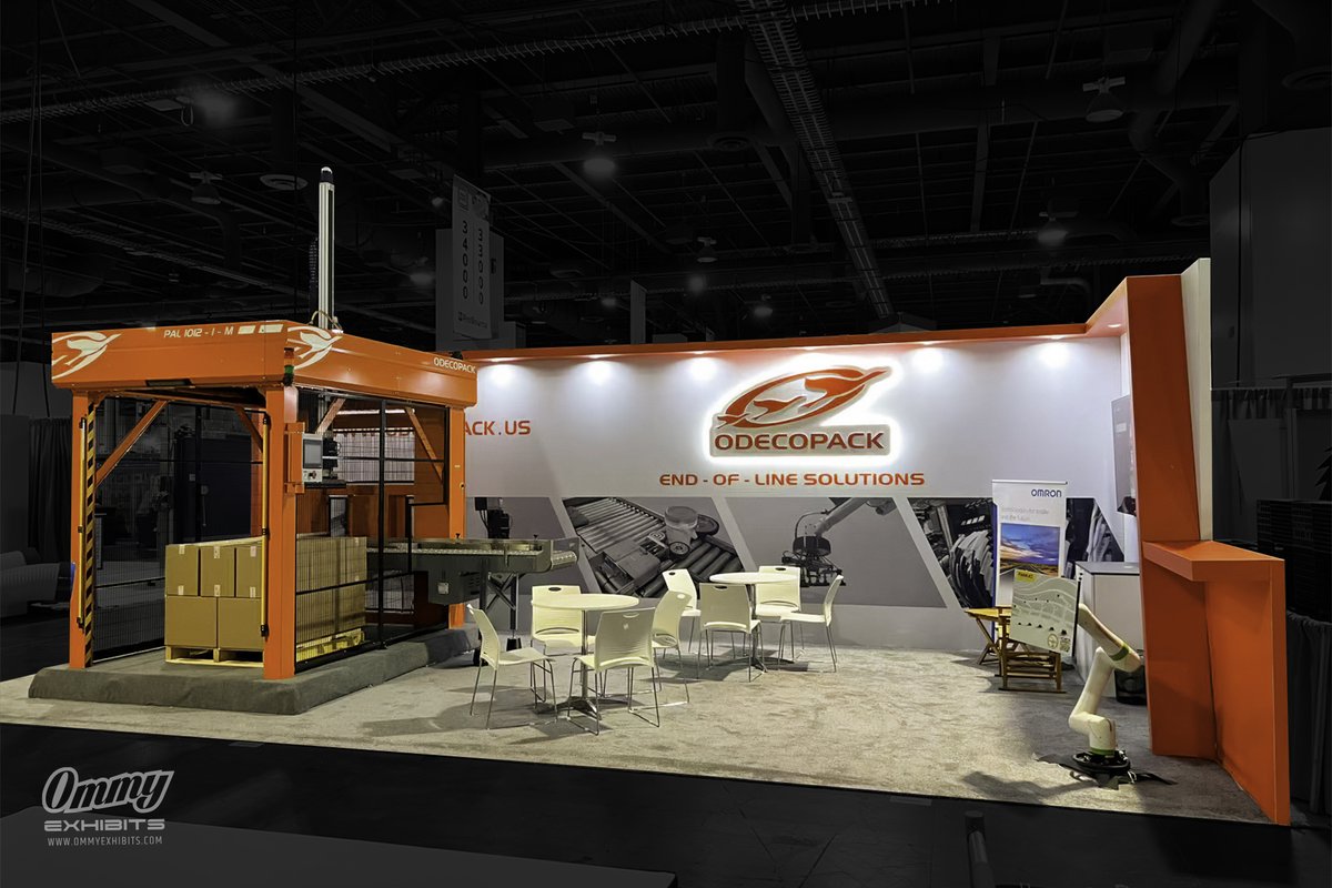 ommyexhibits's tweet image. Built a 15x30 booth for Odecopack at Pack Expo: open design w/ gantry palletizer, orange branding, lit 3D logo, video display &amp;amp; meeting areas. See it: ommyexhibits.com/odecopack-pack… #PackExpo #BoothDesign #PackagingAutomation #TradeShows