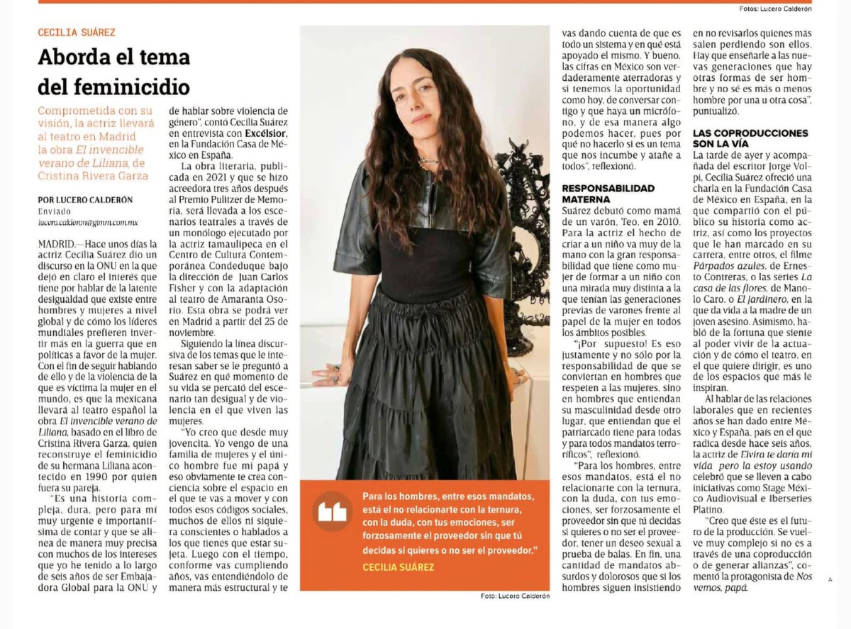Charlé con #CeciliaSuárez  sobre los temas que le mueven y sobre #ElInvencibleVeranodeLiliana  obra que montará acá en #España y que tiene que ver con el feminicido del que fue víctima la hermana de la autora del libro #CristinaRiveraGarza. Pásele 🎬♥️📽
excelsior.com.mx/funcion/cecili…