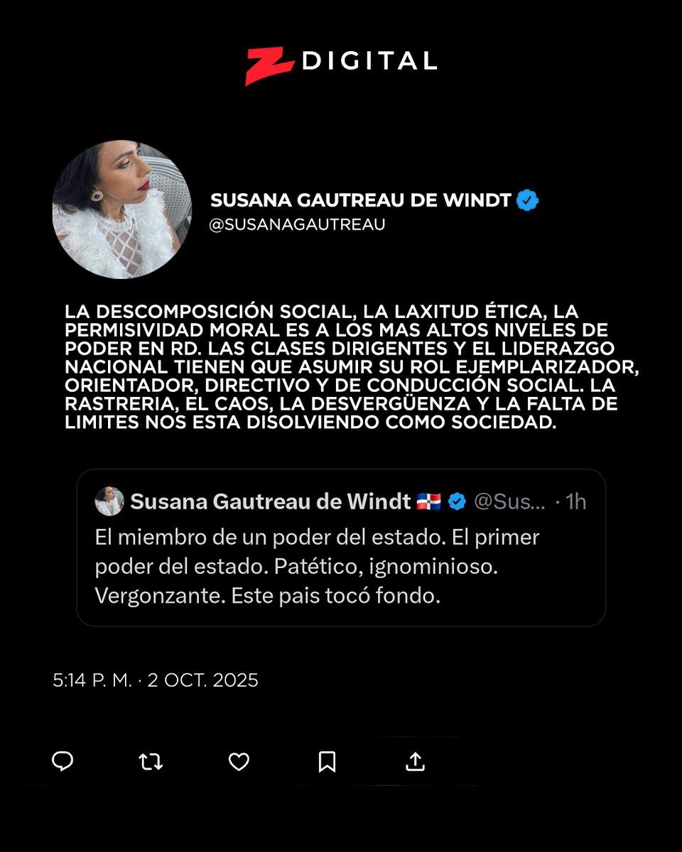 z101digital's tweet image. 👩🏽‍💻 @SusanaGautreau:

&quot;...La rastreria, el caos, la desvergüenza y la falta de limites nos esta disolviendo como sociedad.”

#Z101 #ZDigital #Twitter #Tweet #SusanaGautreau #Estado