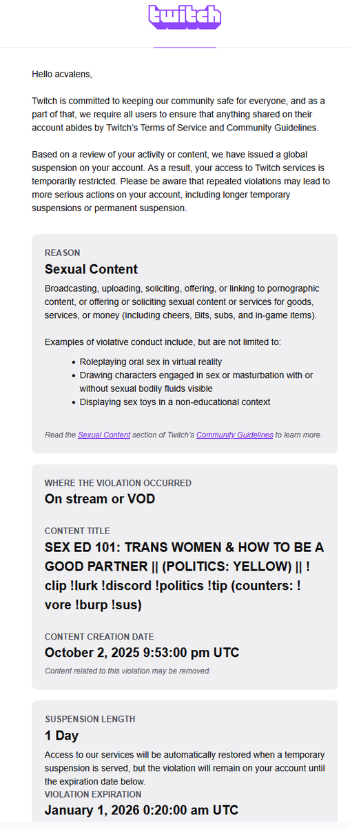 acvalensVT's tweet photo. My bad @Twitch, didn't realize sex education material on VRChat was banned https://t.co/6v19fBt7f5