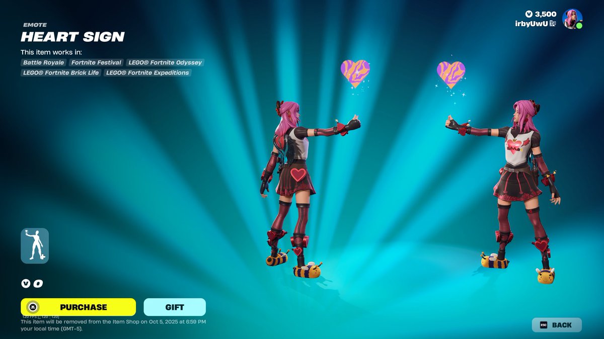 its_irby's tweet image. Make sure to claim the FREE Heart Sign emote in the item shop if you haven&apos;t already! #Fortnite